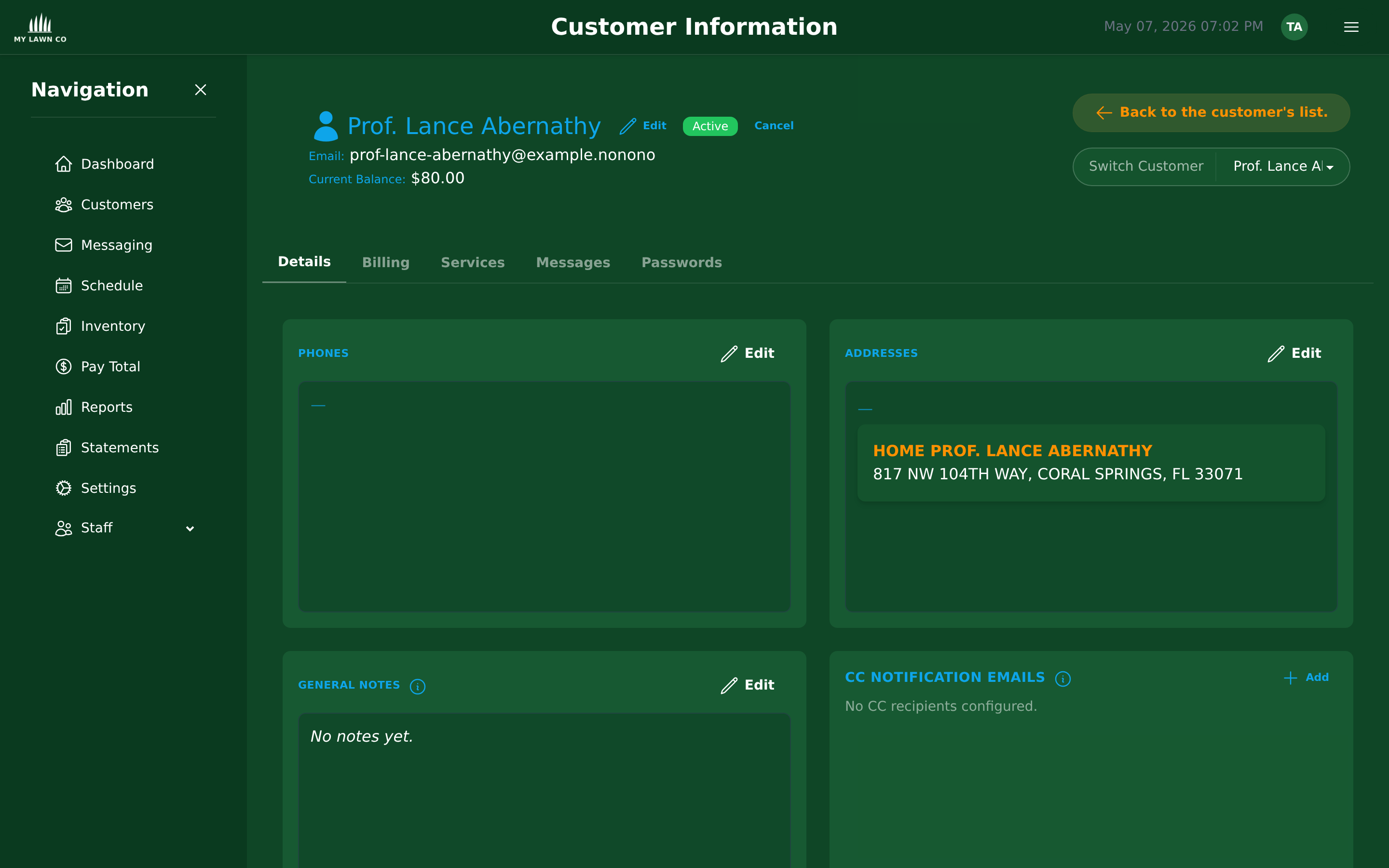 EZ Lawn Biller customer portal dashboard showing balance, invoices, and payment options
