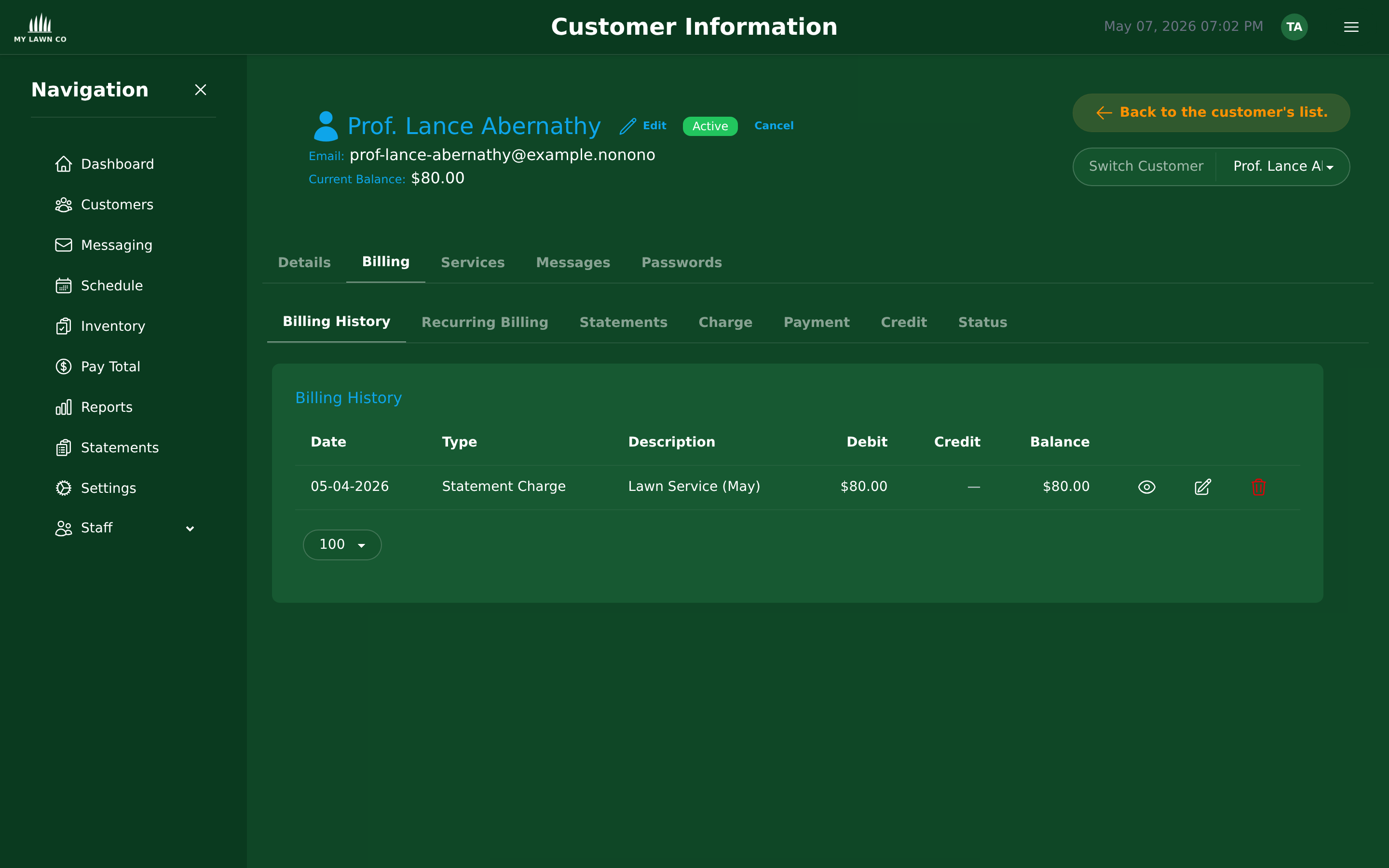 EZ Lawn Biller customer portal billing history showing invoices and payment records