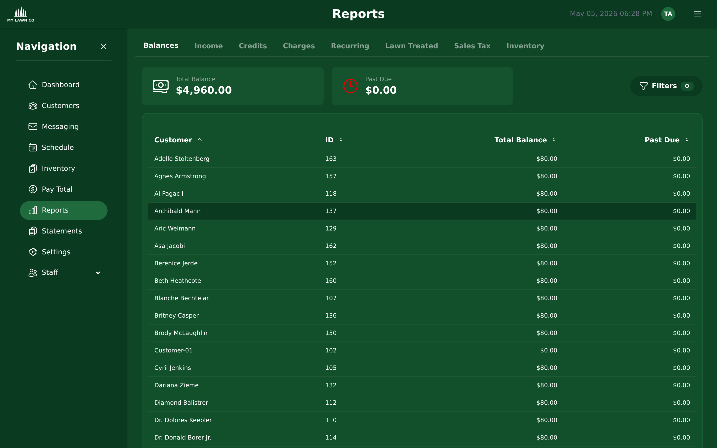 EZ Lawn Biller financial reports dashboard showing revenue and aging data