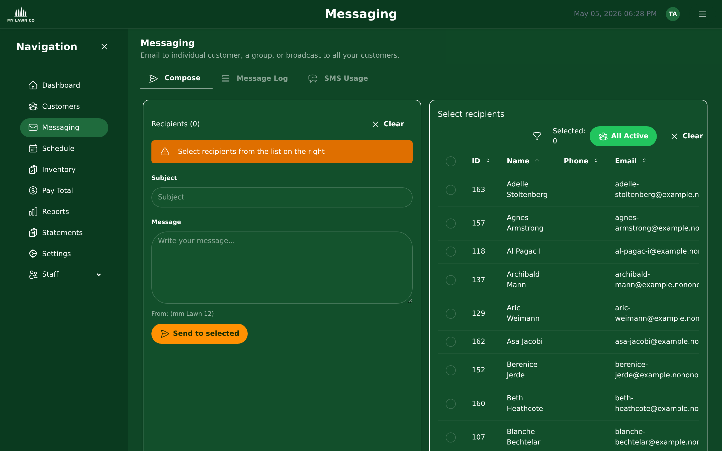 Email composer with the per-visit lawn report template ready to send