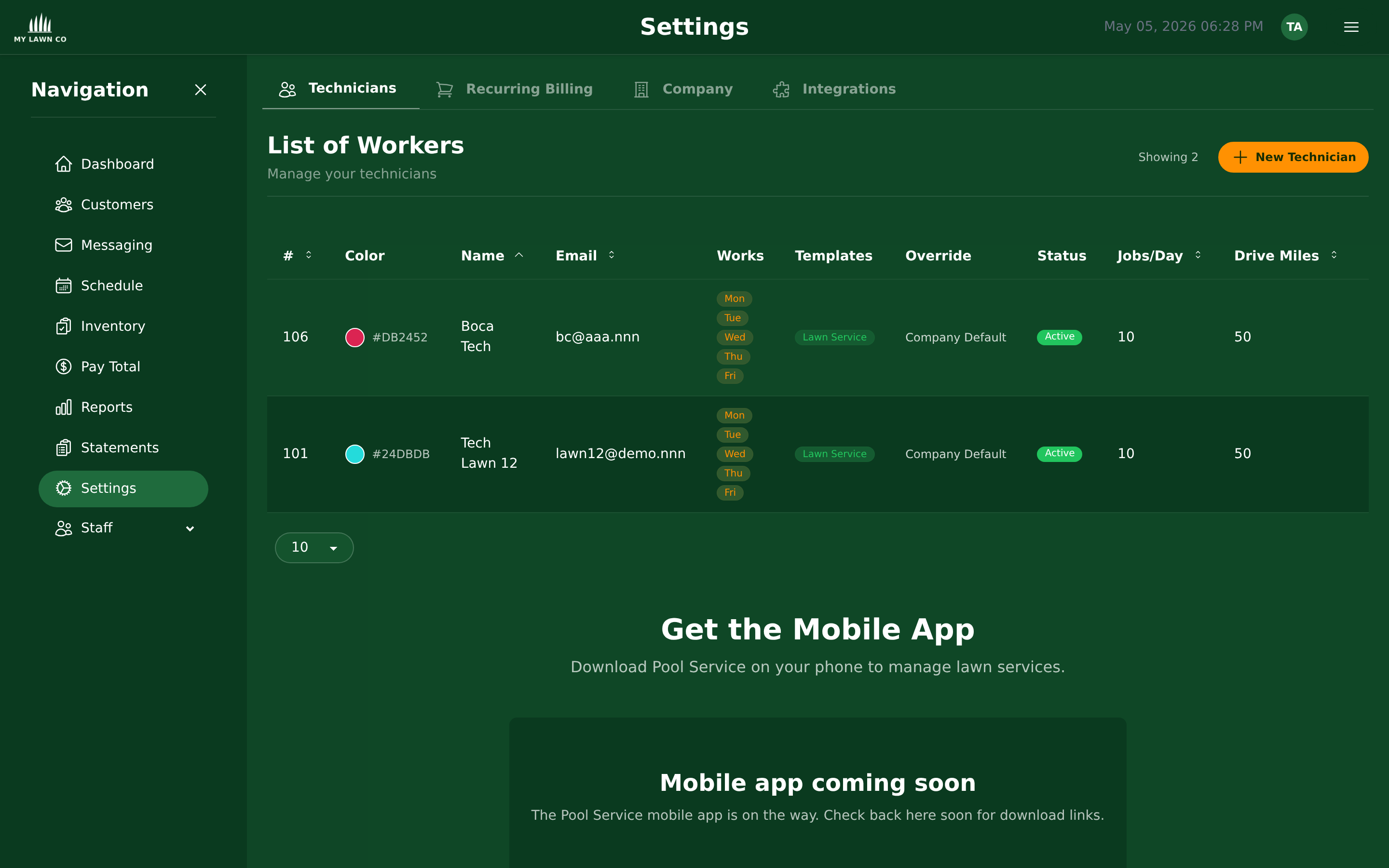 EZ Lawn Biller payroll settings and earning type configuration