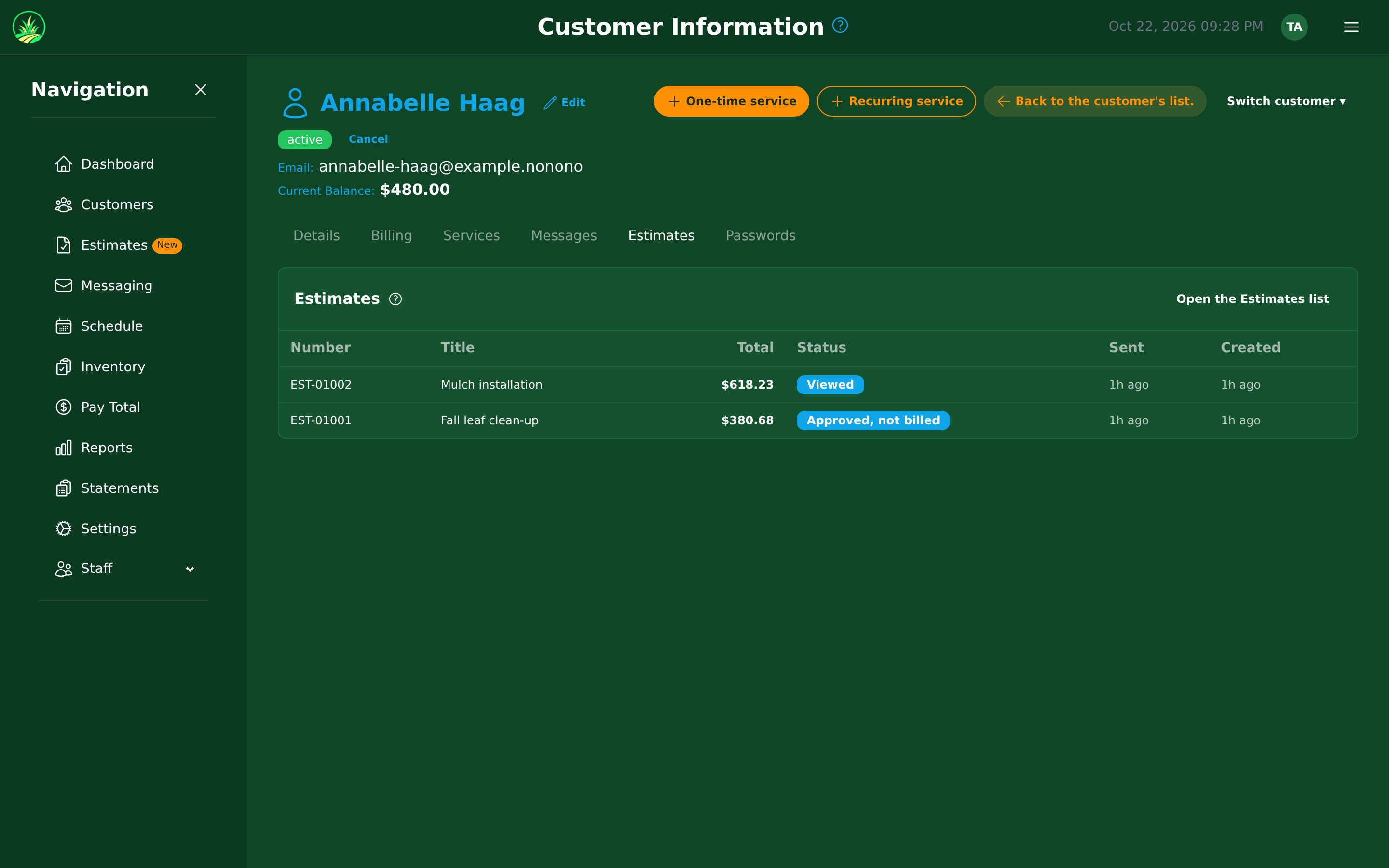 The Estimates tab of a customer's page