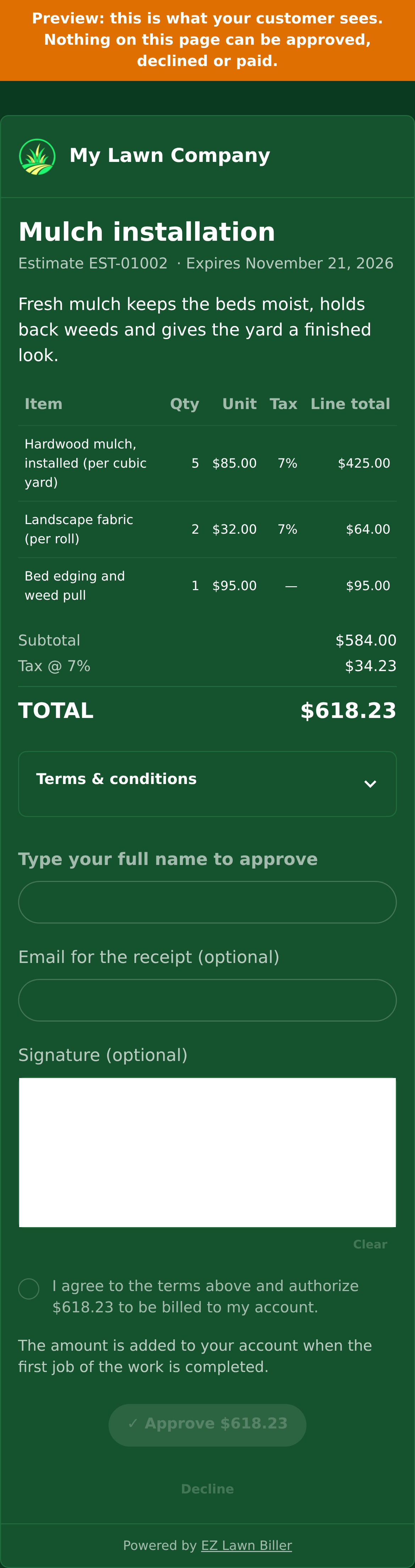 The page the customer sees on a phone, here as Preview as customer shows it