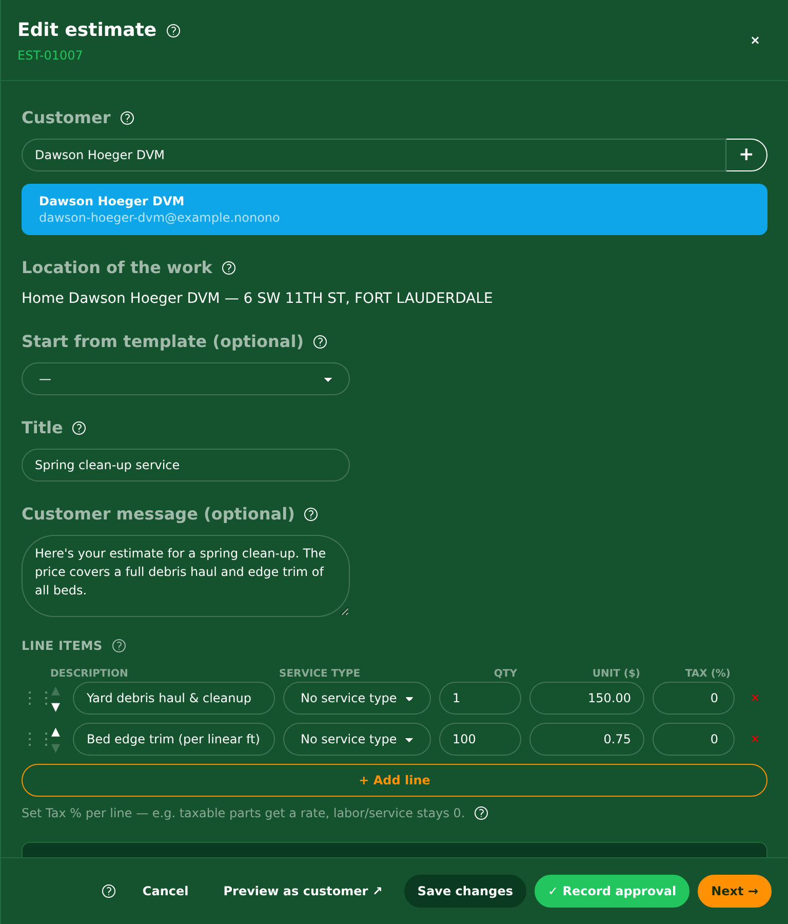The estimate builder: the customer, the title and message, and the lines with their tax