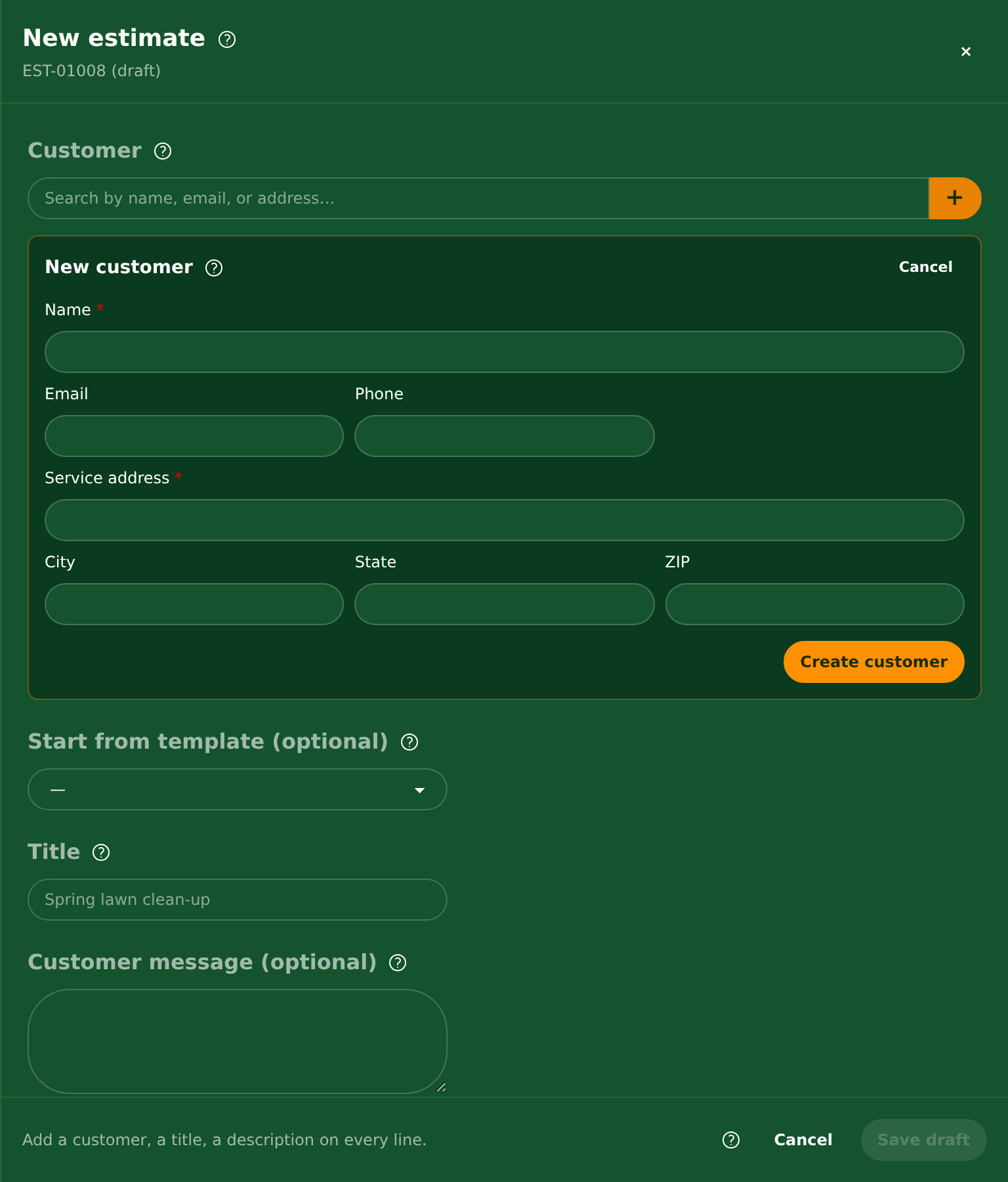 The New customer form, opened with the + button beside the Customer field