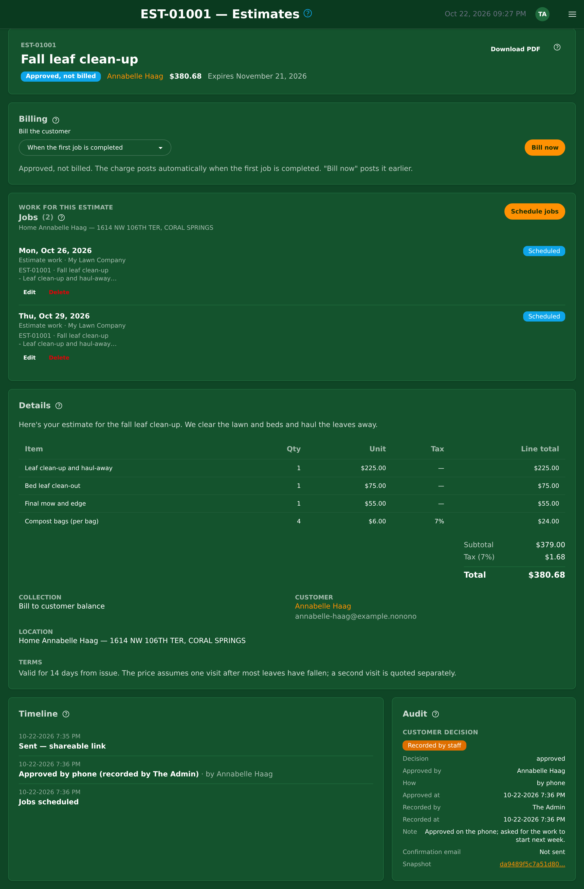 An approved estimate: the Billing card, its jobs, the details, the timeline and the audit