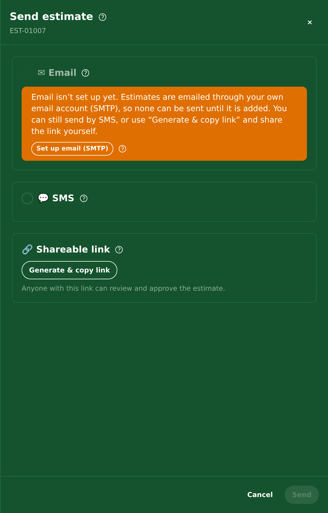 The Send estimate panel: email, text message and a shareable link