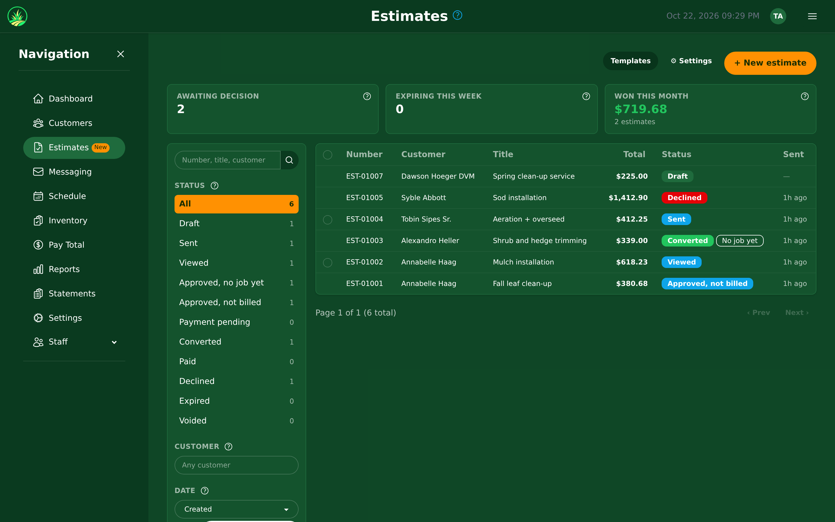 The Estimates list: the three summary figures, the filter panel and the estimates
