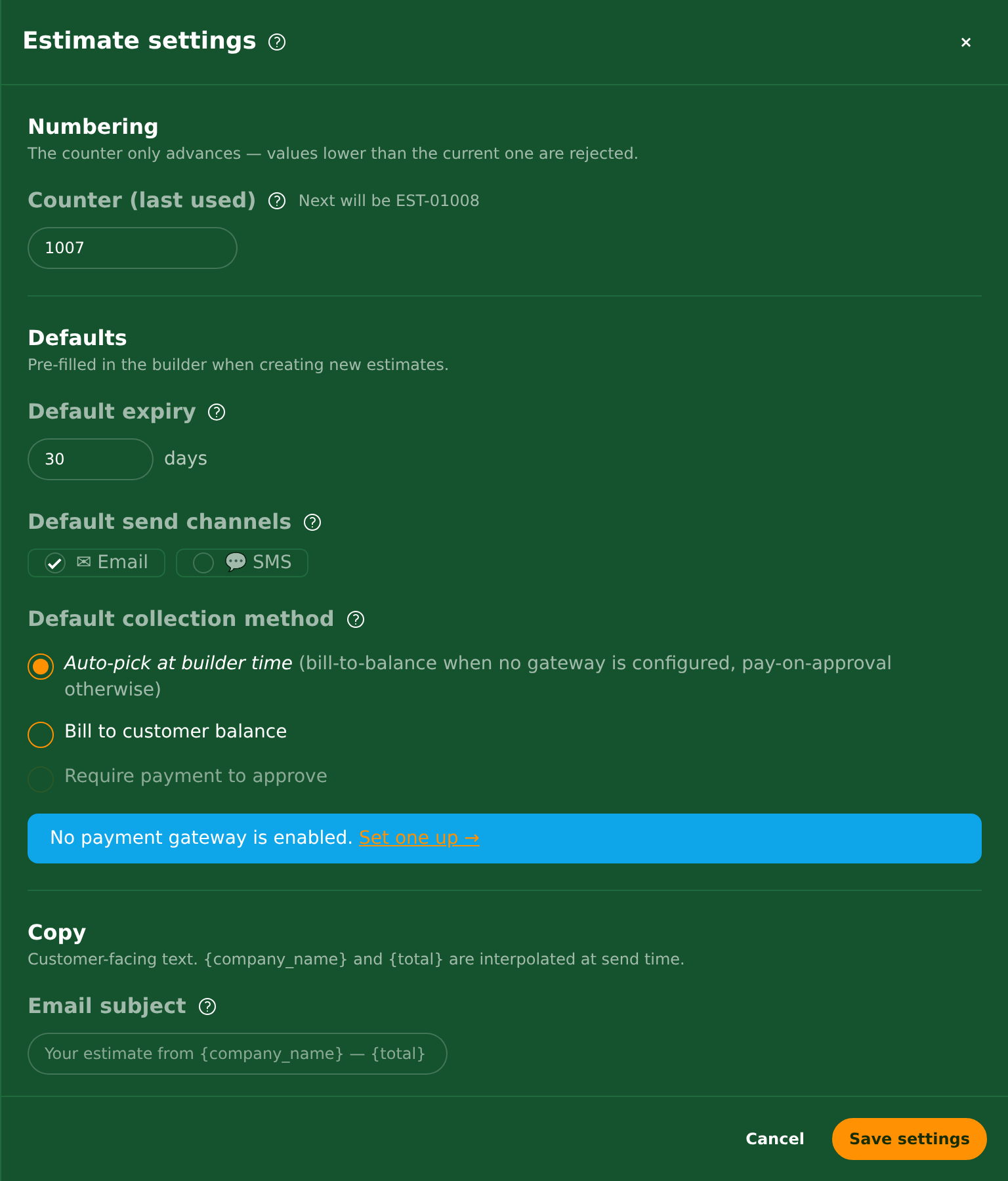 The Estimate settings panel