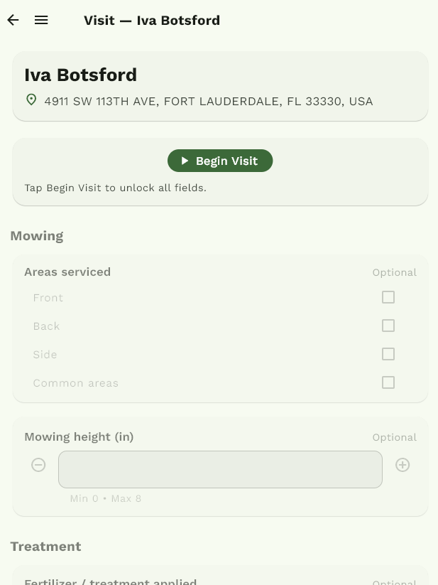 The visit screen before you start — tap Begin Visit to unlock the fields